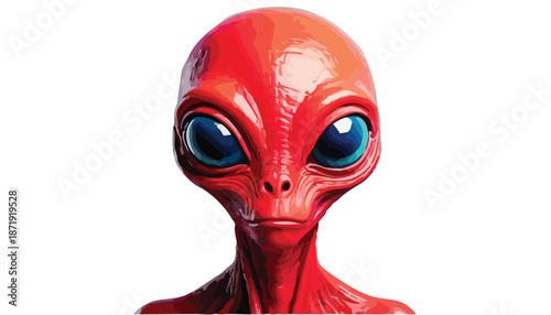 Red Alien Portrait with Large Eyes on White Background.
