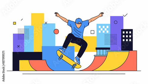 Skateboarder Performing a Trick in a Skate Park Illustration.