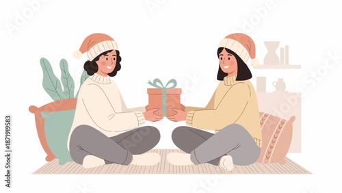 Two Women Exchanging a Christmas Gift.