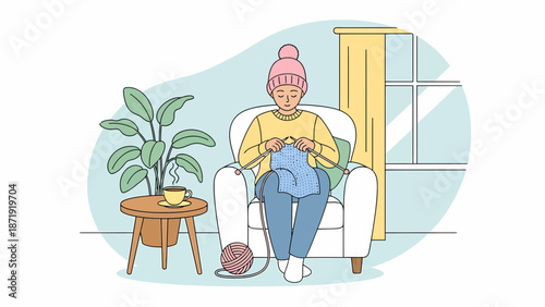 Woman knitting in armchair cozy indoor hobby illustration.