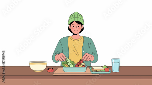 Woman preparing a healthy salad with fresh ingredients.