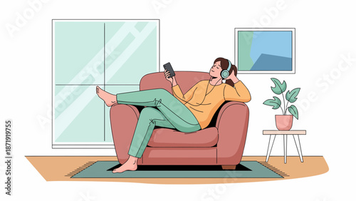 Woman Relaxing in Armchair Listening to Music with Headphones.
