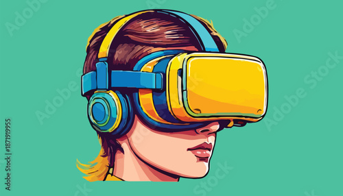 Woman immersed in virtual reality with VR headset and headphones.