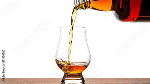 Pouring a stream of golden amber whiskey into a snifter glass against a dark background. isolated on transparent background