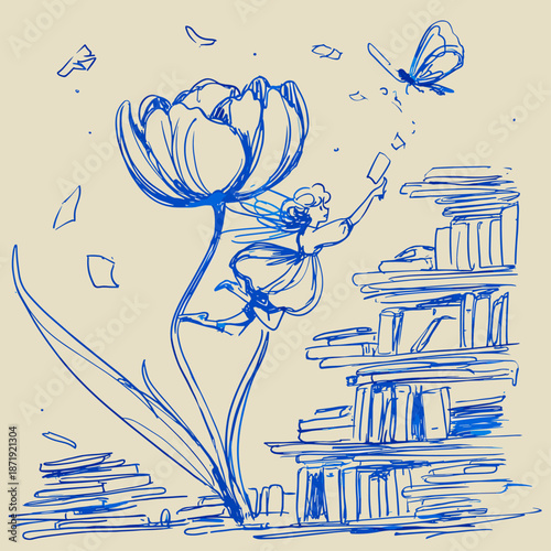 Whimsical Fairy Tale with Flowers and Books