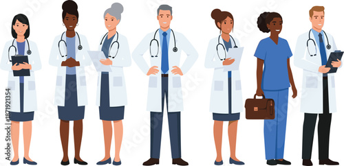 Group of diverse medical professionals in uniforms and lab coats, doctors and nurses standing together in healthcare team illustration