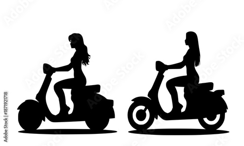 silhouettes of a confident woman with long hair riding a classic scooter (Vespa-style or modern electric)