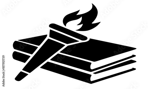 Knowledge and education symbol icon, burning torch on stack of books, enlightenment and wisdom vector illustration, academic learning and library sign, literacy and school research emblem, silhouette