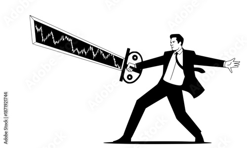 Man in Suit Holding a Large Sword with Financial Stock Market Chart Line, Concept of Aggressive Trading, Business Strategy, Economic Growth, Financial Success, and Market Volatility, Isolated on White