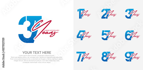 Anniversary logo set vector design, blue and red color for celebration event
