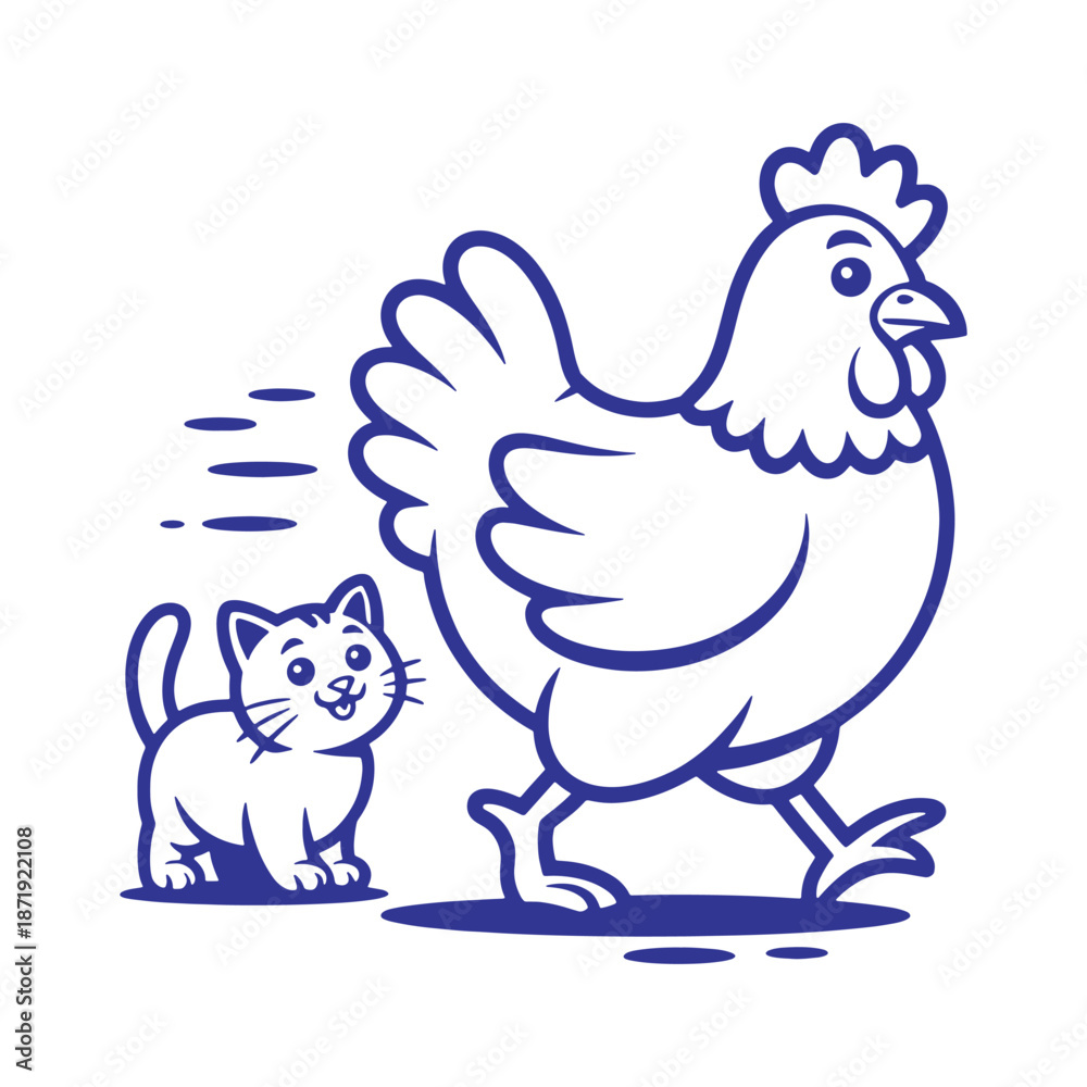 Fototapeta premium Farm Chicken Being Followed by Cat Illustration
