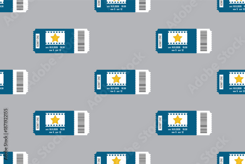 Cinema ticket seamless pattern. Admit one, ticket template with barcode, texture, wallpaper template.