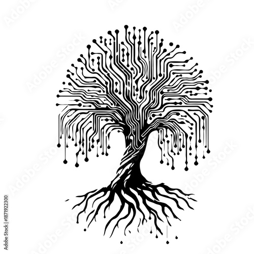 Stylish tree illustration  and tecnology with rood in  black over white background eps 10