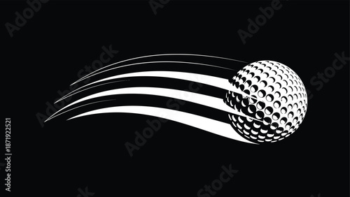 Golf ball flying in motion with speed trails on black background for sports competition tournament cad drawing flat vector illustration design element