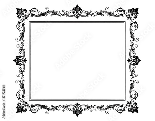 Ornate rectangular frame, black filigree detailing surrounding an empty white inner rectangle, suitable for invitation use
