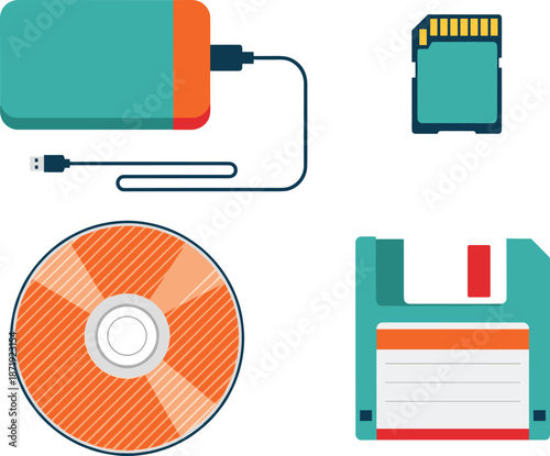 External hard drive, SD memory card, floppy disk, and CD disk icon set of digital data storage devices
