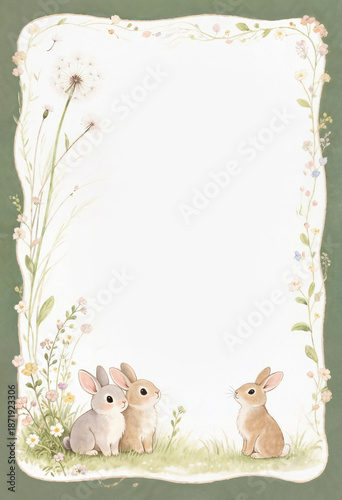 Idyllic Watercolor Background Illustrating a Cute Bunny Family Playing in a Sunny Spring Meadow Filled with Dandelions and Wildflowers