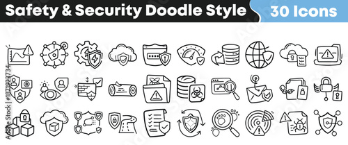 Thirty unique hand drawn doodle style icons representing various concepts of digital safety security privacy data protection and threat alerts