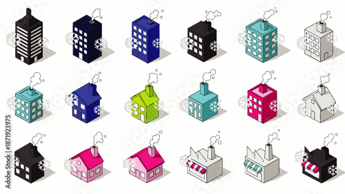 Isometric city buildings collection with diverse architectural styles, including houses, factories, and skyscrapers. Urban development and industry vector.
