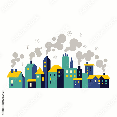 Stylized illustration of a city skyline with smoke coming from chimneys, representing pollution or winter weather.
