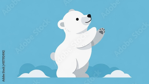 White Polar Bear Standing on Iceberg in Blue Sky with Clouds, Cartoon Style