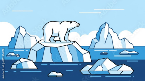 Polar Bear Standing on Melting Iceberg in Arctic Ocean, Climate Change Illustration