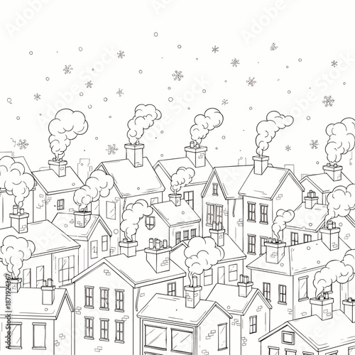 Whimsical black and white illustration of a snowy village with chimneys puffing smoke, evoking a cozy winter atmosphere.