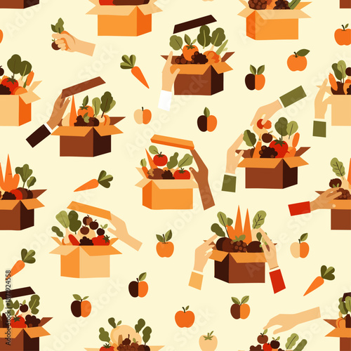 Seamless pattern: hands packing fresh organic fruits and vegetables into eco-friendly boxes, symbolizing healthy food delivery, sustainable agriculture, and community support.