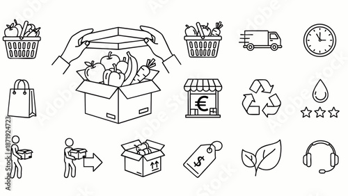 Online food delivery and e-commerce line icons set. Fresh produce, grocery shopping, logistics, shipping, and sustainable living concepts.