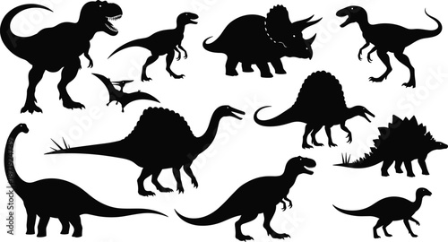 Black dinosaur silhouette collection with T-Rex, Triceratops, and Spinosaurus set for prehistoric nature design, cad drawing flat vector illustration, extinct animals.