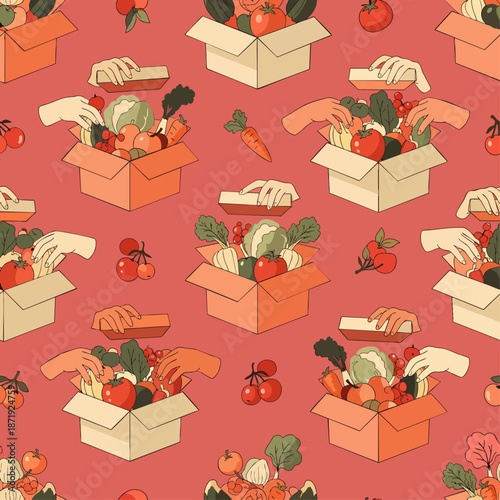 Seamless pattern of fresh organic vegetables and fruits in cardboard boxes, with hands arranging produce. Healthy food delivery, farm-to-table concept.