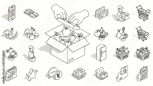 Isometric line art icons set for online grocery shopping, food delivery, and e-commerce services