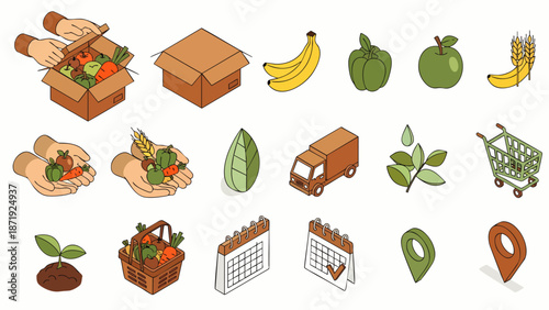 Isometric icons of fresh organic food delivery, healthy eating, grocery shopping, and agriculture with fruits, vegetables, and a truck