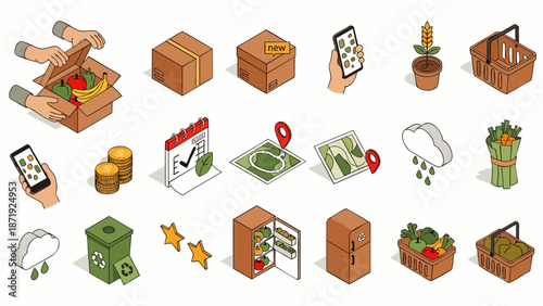 Isometric icons set for online grocery shopping, food delivery, and healthy lifestyle, vector illustration