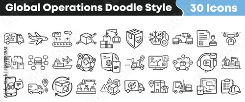 A comprehensive set of thirty global operations and logistics doodle style line icons depicting supply chain processes and delivery methods