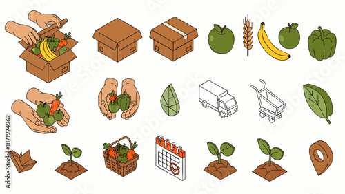 Isometric icons of fresh food delivery, farming, and healthy eating, representing organic produce and sustainable agriculture.