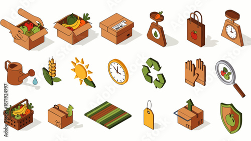 Isometric icons set for organic food delivery, farming, agriculture, and healthy lifestyle with delivery boxes, watering can, sun, scales, and shopping bag