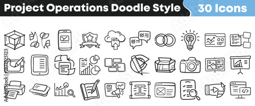 Collection of thirty black and white doodle style icons representing various project operations concepts and business elements for design.