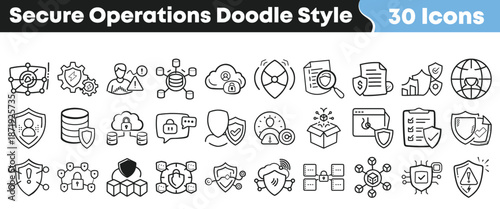 Thirty hand drawn doodle style icons representing various aspects of secure operations network data and digital protection concepts