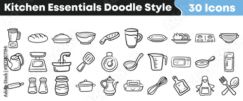 A charming collection of thirty kitchen essential icons rendered in a playful and attractive black and white doodle style for cooking projects.