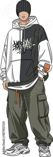 Stylized urban streetwear male character with oversized hoodie, cargo pants, chunky sneakers, and beanie covering eyes
