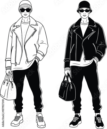 Two urban male characters in leather jackets, joggers, sunglasses, bucket hat, beanie, sneakers, and handbags