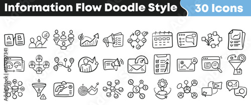 Collection of thirty hand drawn doodle style icons representing various concepts related to information flow, data processing, and business strategy execution.