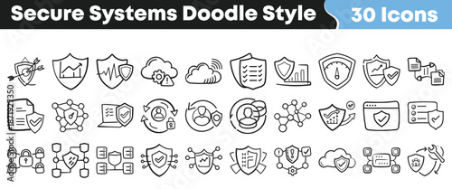 Collection of thirty hand drawn doodle style icons representing various aspects of secure systems data protection and network defense concepts.