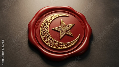 A red wax seal with a gold crescent moon and star on a dark surface