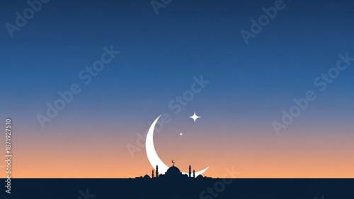 A serene vector illustration of a mosque silhouette at sunset with a crescent moon and stars