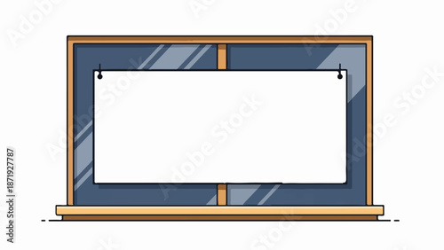 A blank white board hangs from two black hooks on a dark blue frame