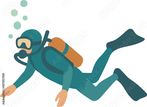 Diver in Wetsuit Swimming Underwater Keywords: scuba diving, diver, underwater, ocean, sea