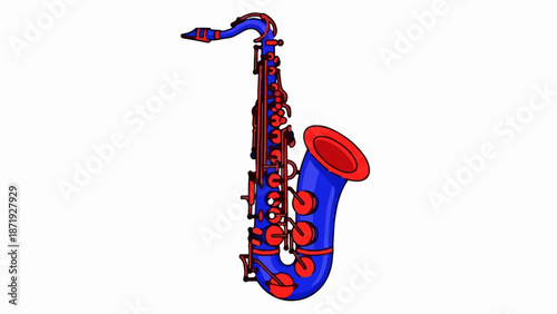 A blue and red saxophone stands against a white background