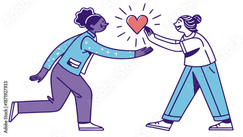 Two Women Sharing a Glowing Heart Illustration, A flat vector illustration of two women, one running to give a glowing red heart to the other, symbolizing love or friendship. The style is clean 